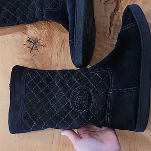 Authentic Chanel Suede and Shearling Embroidered CC Boots